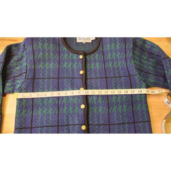 Vintage Tally Ho Blue Green Plaid Cardigan Knit Sweater Women Medium Like NEW - Picture 7 of 8